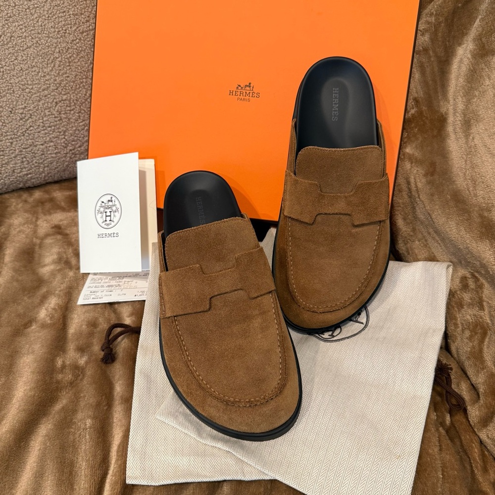 Hermes Go-Mule Tan Suede Men's